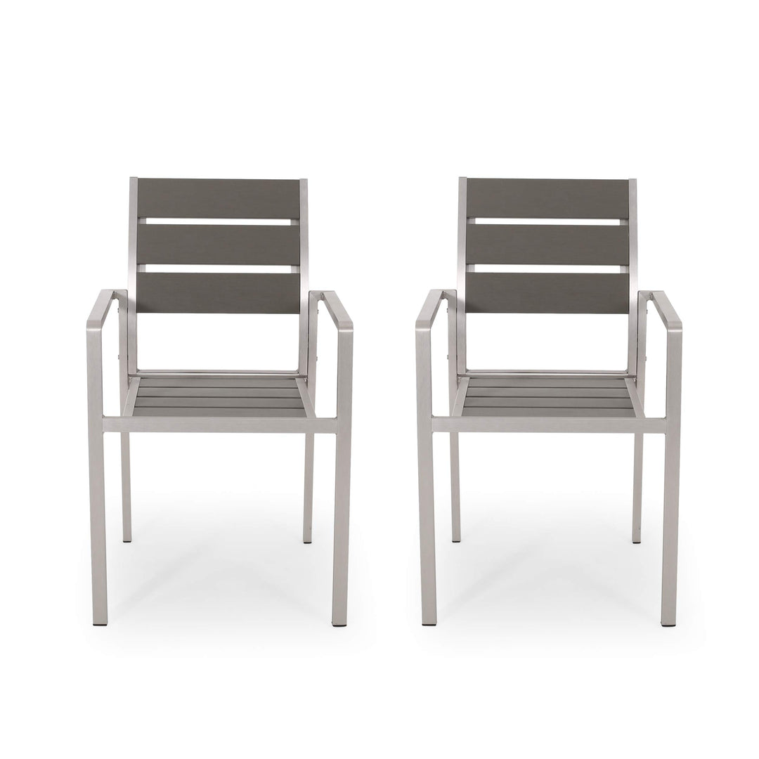 GDFStudio Outdoor Modern Aluminum Dining Chair with Faux Wood Seat (Set of 2) Gray+Silver