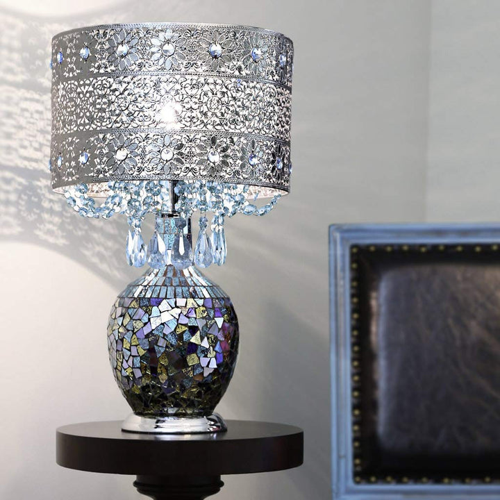 Poetic Wanderlust by Jeweled Metal Shade with Mosaic Base Table Lamp Blue Silver