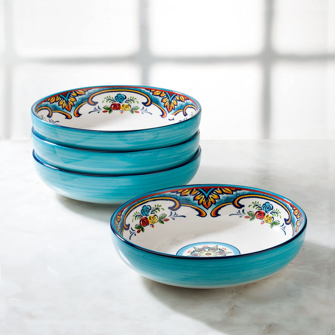 Euro Ceramica Zanzibar 4-Piece Pasta Bowl Dinnerware Set|Fine Kitchenware|Floral