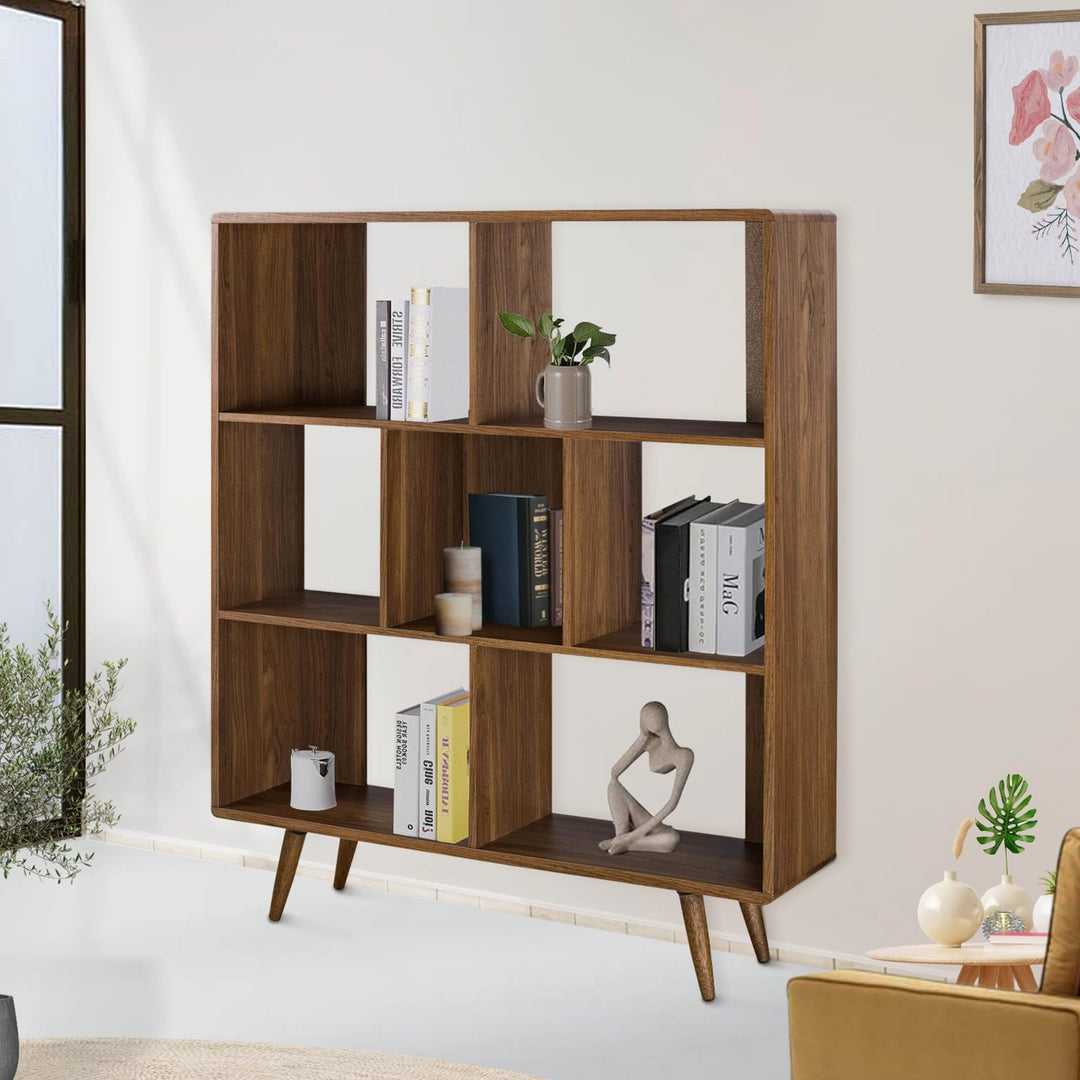 Mid-Century Modern Walnut Wooden 7 Shelf Bookcase Display Cabinet Brown