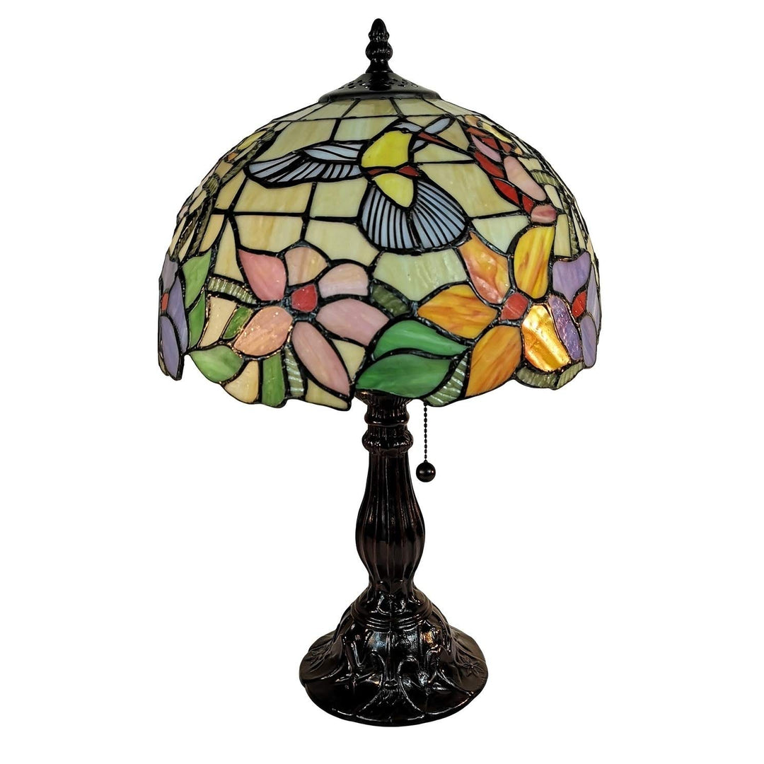 Tiffany Style Table Lamp Banker 19" Tall Stained Glass Yellow Red Tan Floral