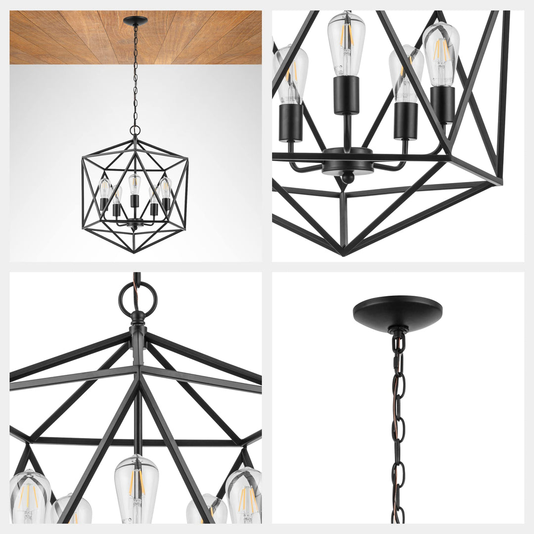 Prominence Home Heleo 5 Light Matte Black Geometric Cage Chandelier Candle Style