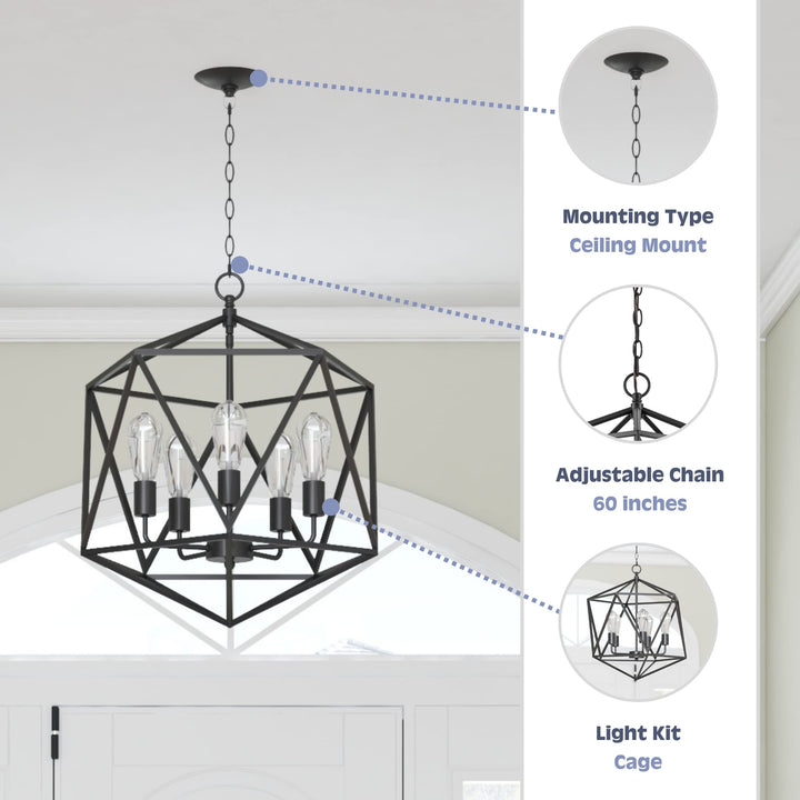 Prominence Home Heleo 5 Light Matte Black Geometric Cage Chandelier Candle Style