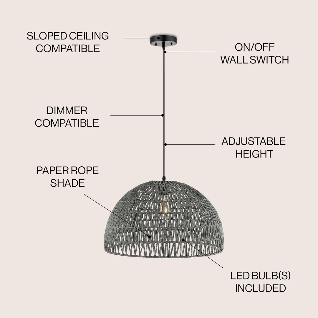 1-Light Bohemian Modern Woven Rattan/Iron LED Pendant, by JONATHAN Y