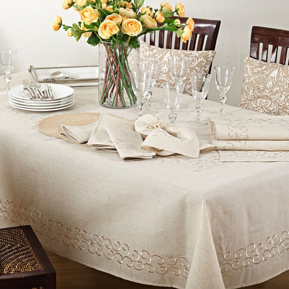 Embroidered Swirl Design Linen Blend Tablecloth