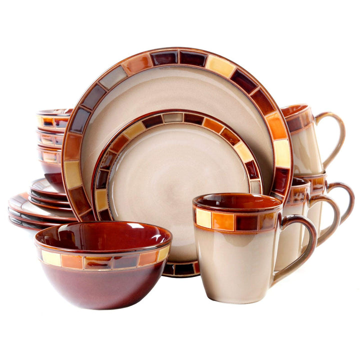 16 Piece Dinnerware Set Beige Banded Casual Round Stoneware Microwave Safe Brown