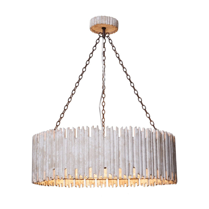 Distressed White 3-light Wooden Drum Chandelier Farmhouse Metal Wood Dimmable