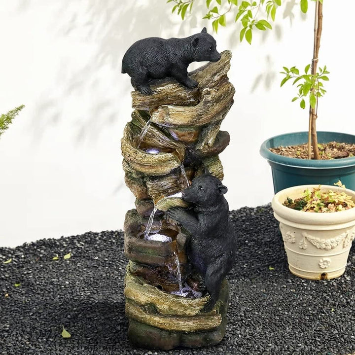 39.3in Tall Outdoor Water Fountain Resin Bear Patio Waterfall Grey Modern - Diamond Home USA