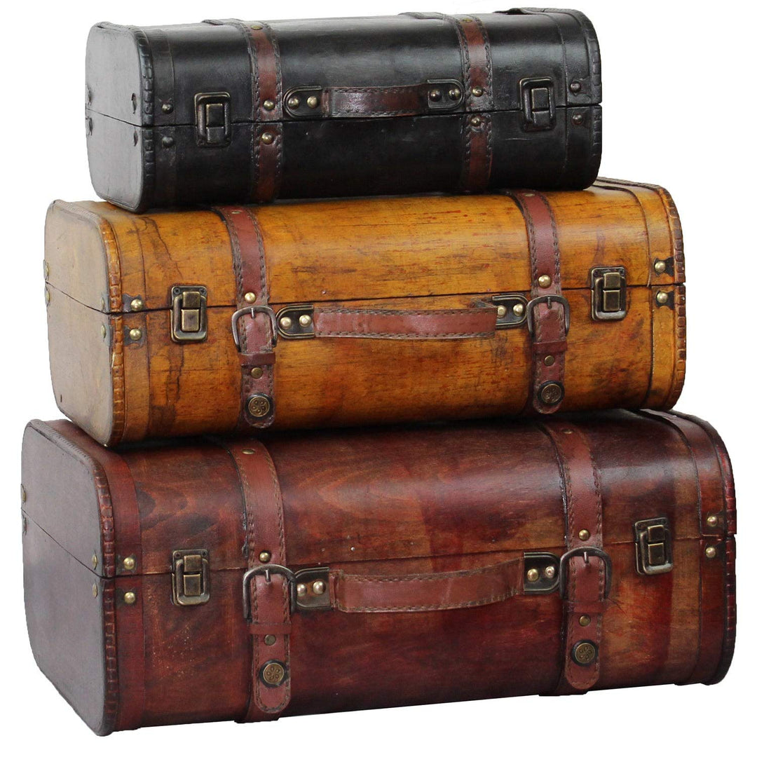 Vintage Decorative Suitcase (Set Of 3) Brown Faux Leather Wood 3 Piece