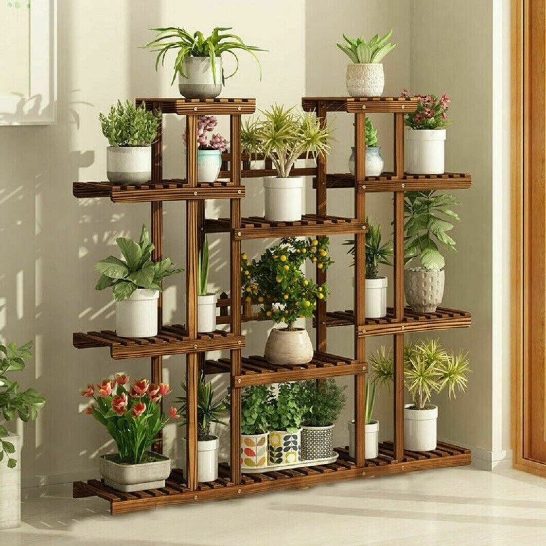 Large 11 Tiered Wood Plant Stand Carbonized Pot Shelf Holder Brown Classic