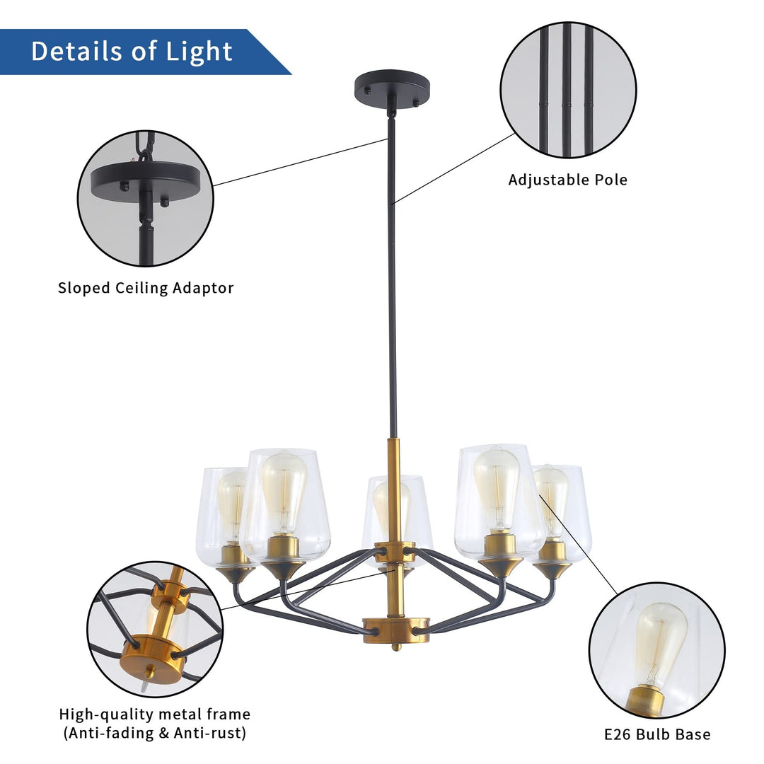 Dining Room Chandelier 5-Light Gold with Clear Glass Shades Modern