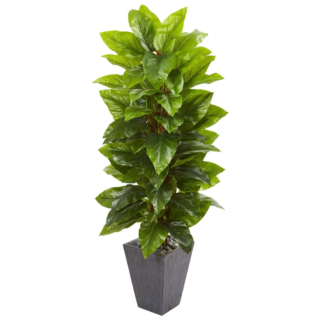 Real Touch 5-Foot Large Leaf Artificial Plant in Slate Planter