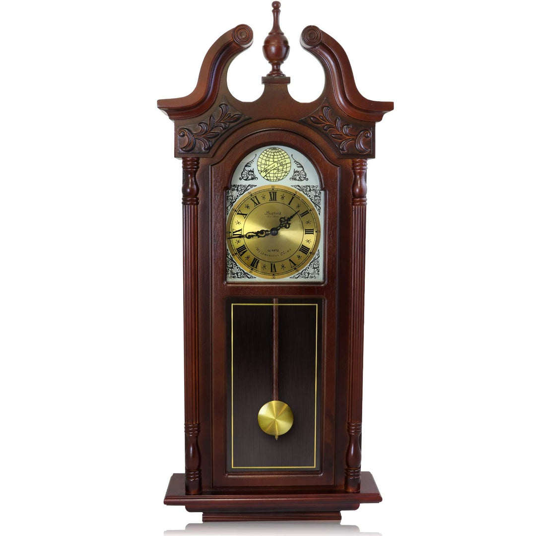 38" Decorative Antique Chiming Wall Clock Brown Rectangular Wood Mahogany Finish