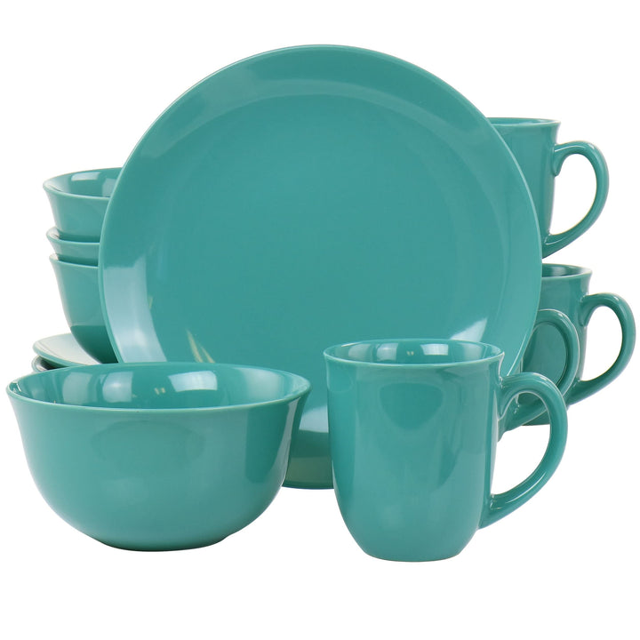 12 Pc Round Stoneware Dinnerware Set in Teal Green Turquoise Solid Casual