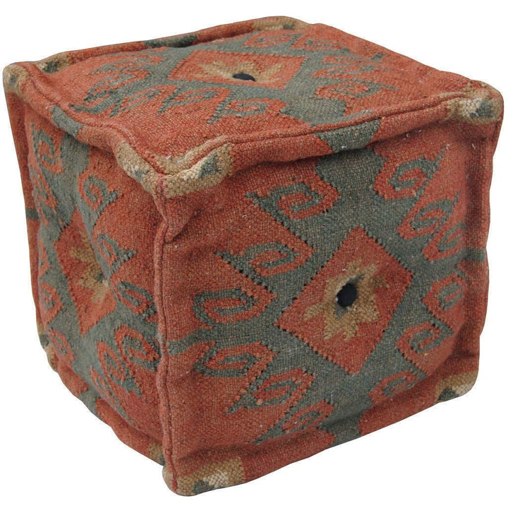 Handmade Wool/Jute Pouf Green Red Tan Geometric Traditional Pattern Specialty