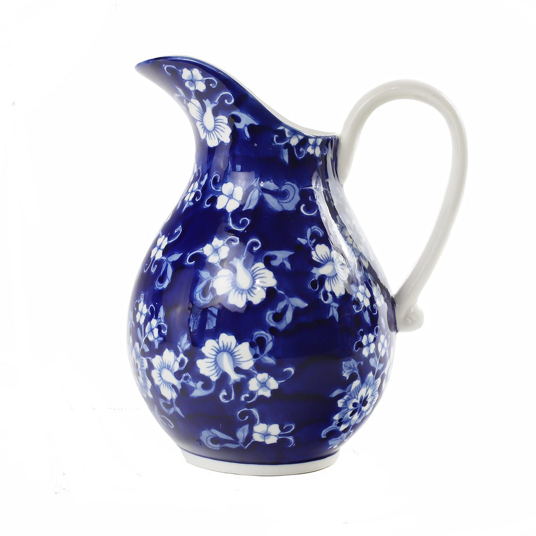 Euro Blue Garden Stoneware Hand-Painted 2.7 Lt Pitcher with Handle 8.7 X 7.1