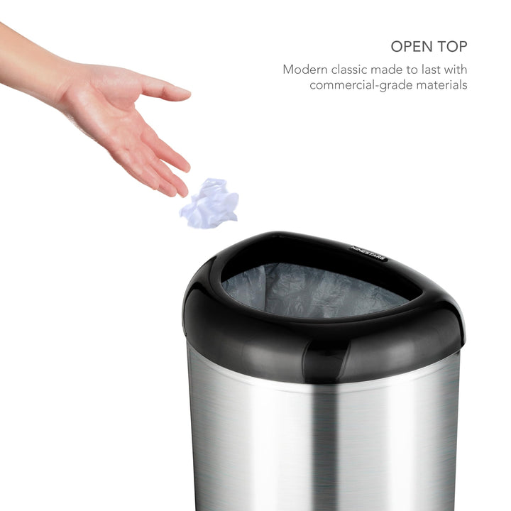 Open Top inless Steel Trash Can with Black Trim Black Semi-Circle Plastic