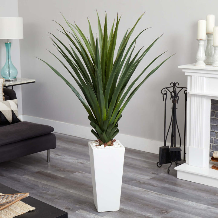 Nearly Natural 5ft. Spiky Agave Artificial Plant in White Tower Planter