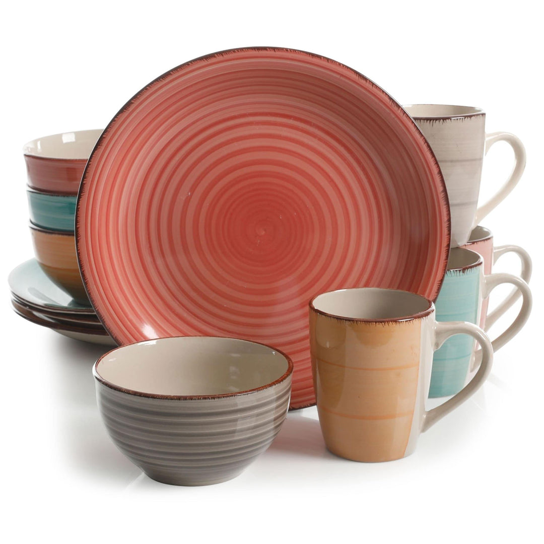 Color Vibes Pastel 12 Piece Stoneware Dinnerware Set in Assorted Colors Stripe