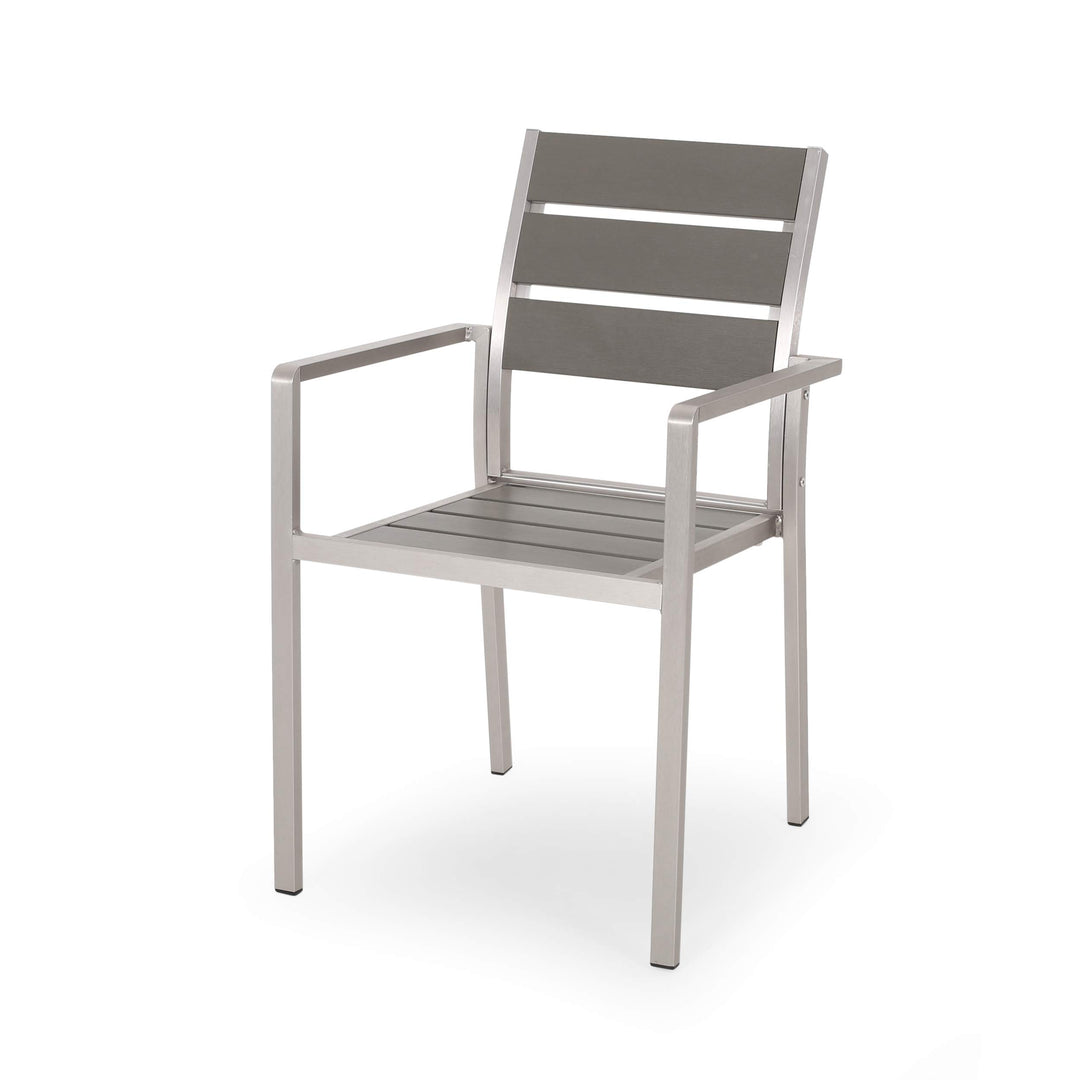 GDFStudio Outdoor Modern Aluminum Dining Chair with Faux Wood Seat (Set of 2) Gray+Silver