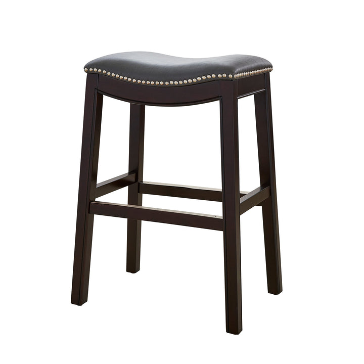 Counter Height Barstool with Grey Leather Seat Brown Modern Contemporary Wood