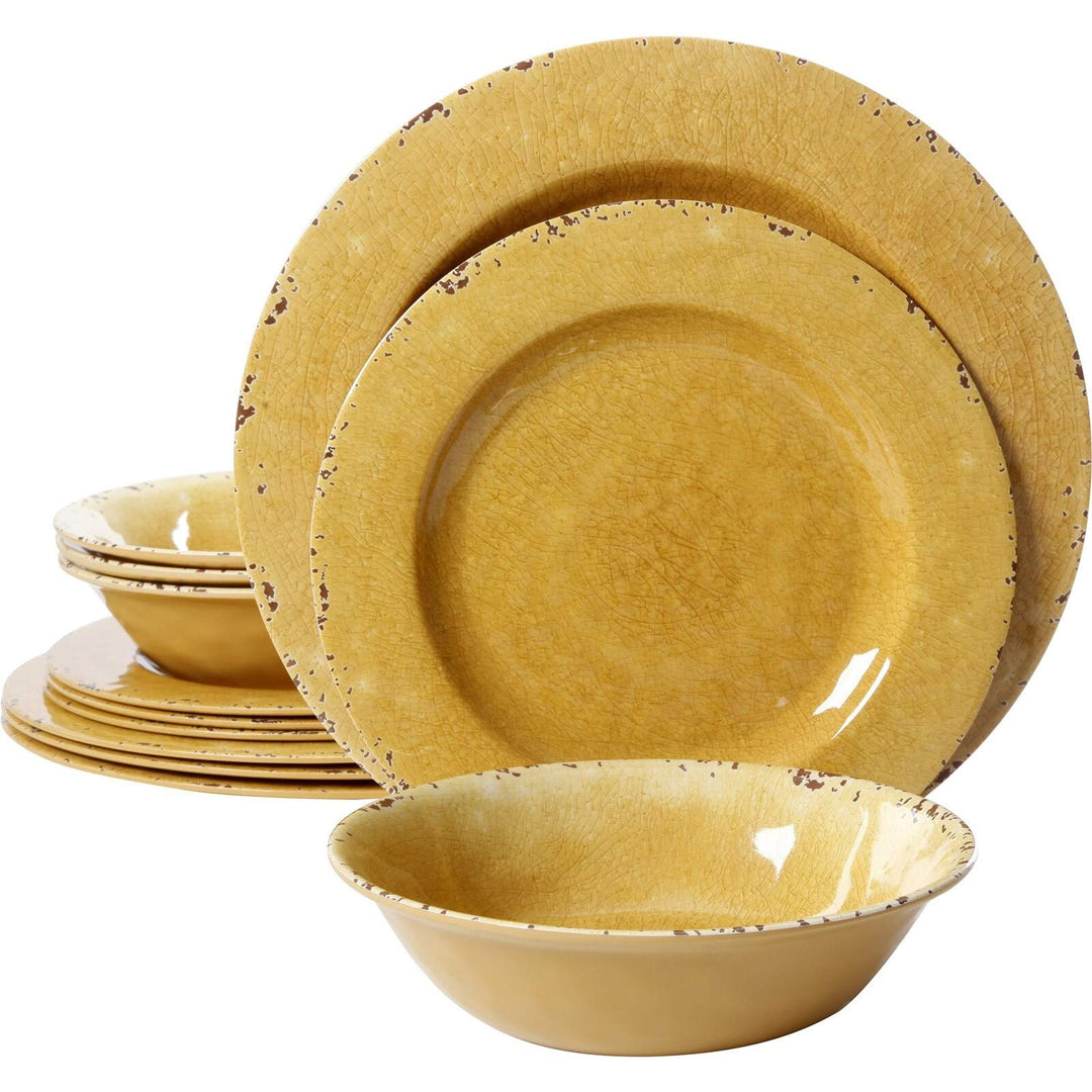 California 12 Pc Dinnerware Set in Yellow Decal Solid Casual Round Piece Medium