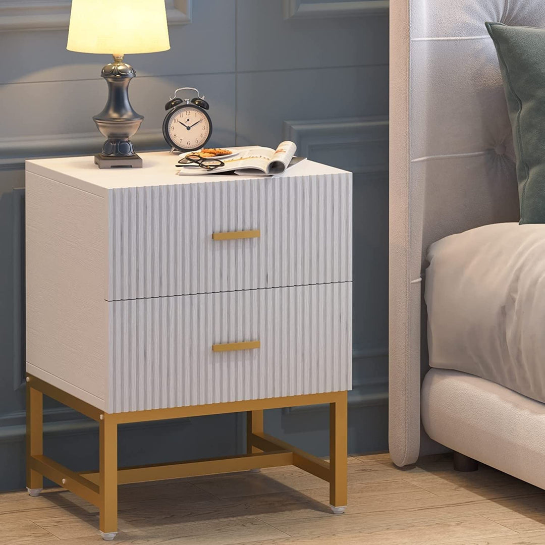 2-Drawer Nightstand White Night Stands with Storage Drawers Modern white and gold