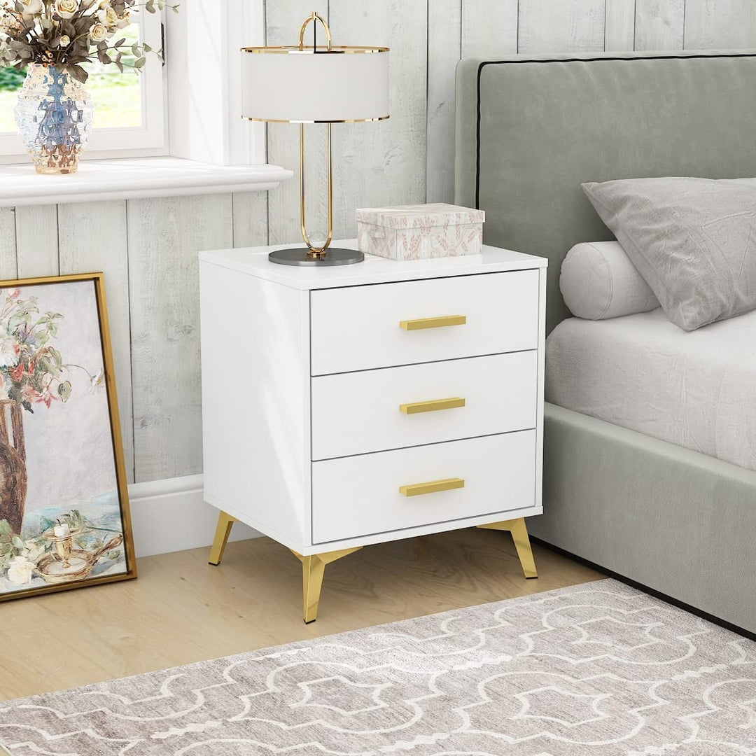 23.6'' Tall 3 Drawer Nightstand End Table Beside White and Gold Glam Urban MDF