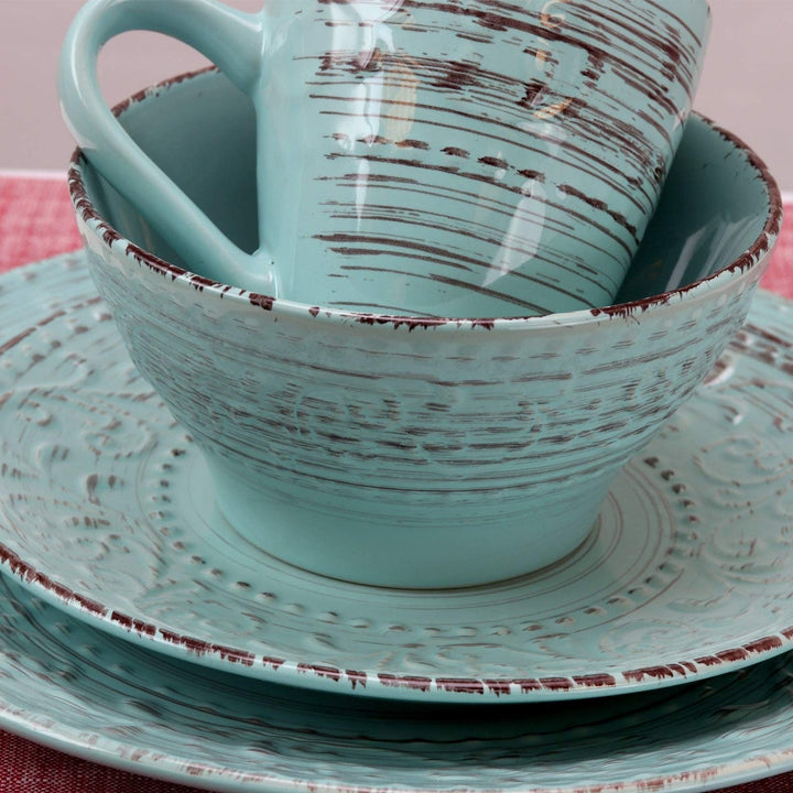 Ocean Waves 16-Piece Dinnerware Set in Turquoise Blue Textured Casual Round