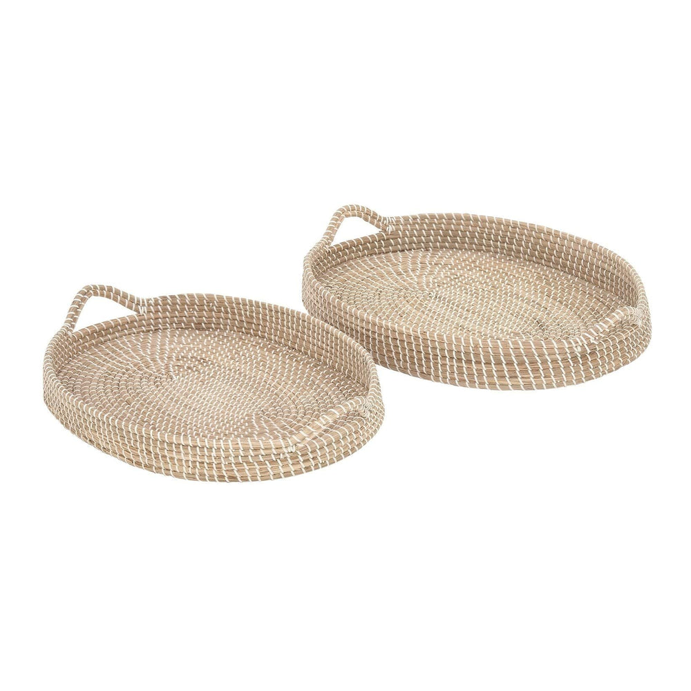 2-Piece Round Seagrass Tray Set Brown Bohemian Eclectic Natural Fiber - Diamond Home USA