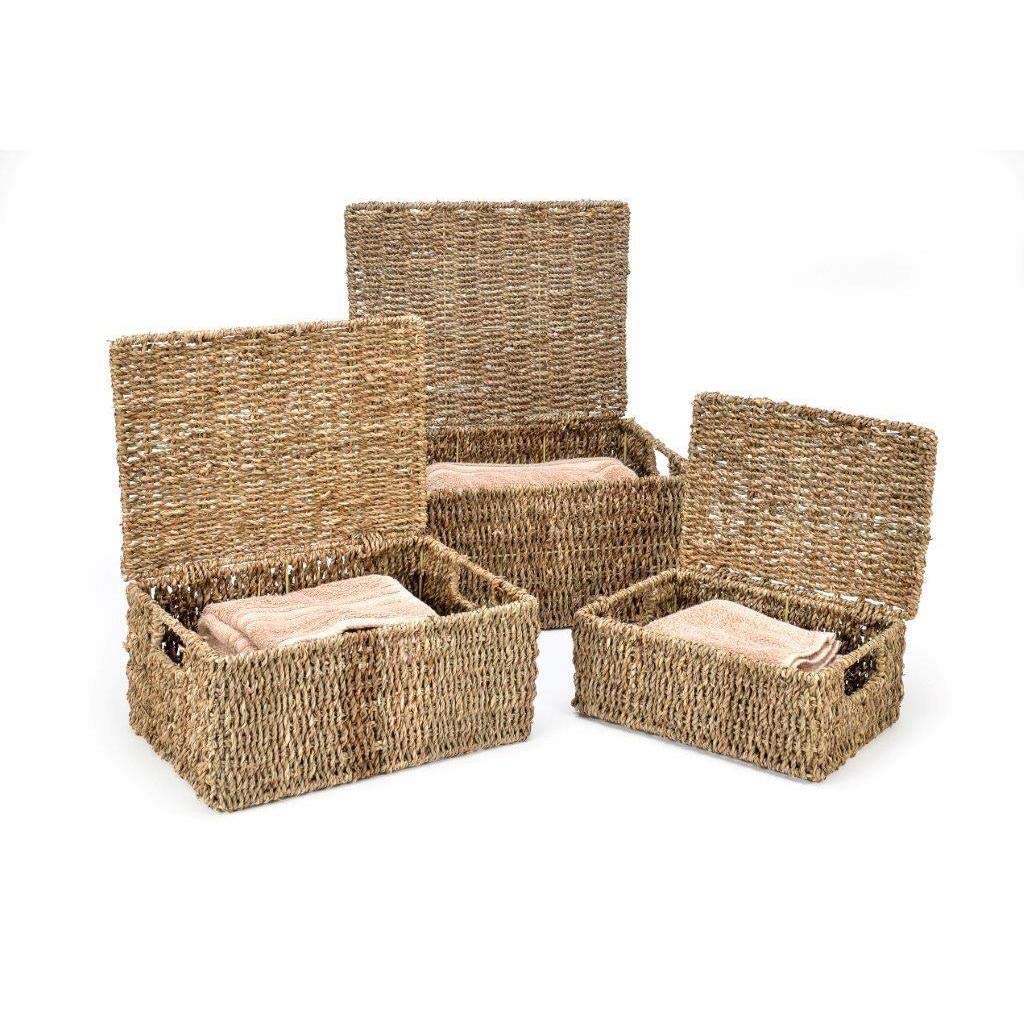 Set Of 3 Rectangular Seagrass Baskets With Lids Beige