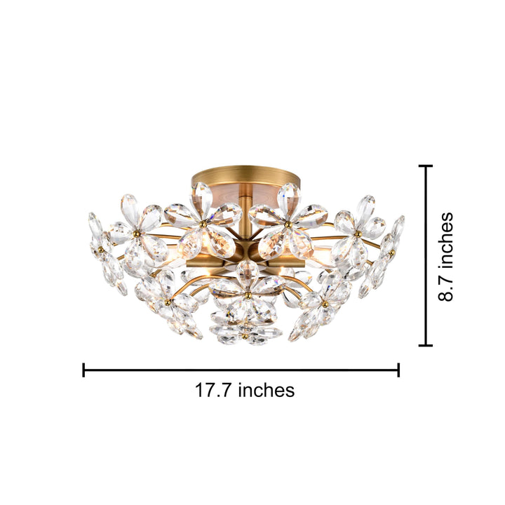 6-Light Brushed Brass Finish Crystal Glass Flower Flush Mount 17.7 Inches in - Diamond Home USA