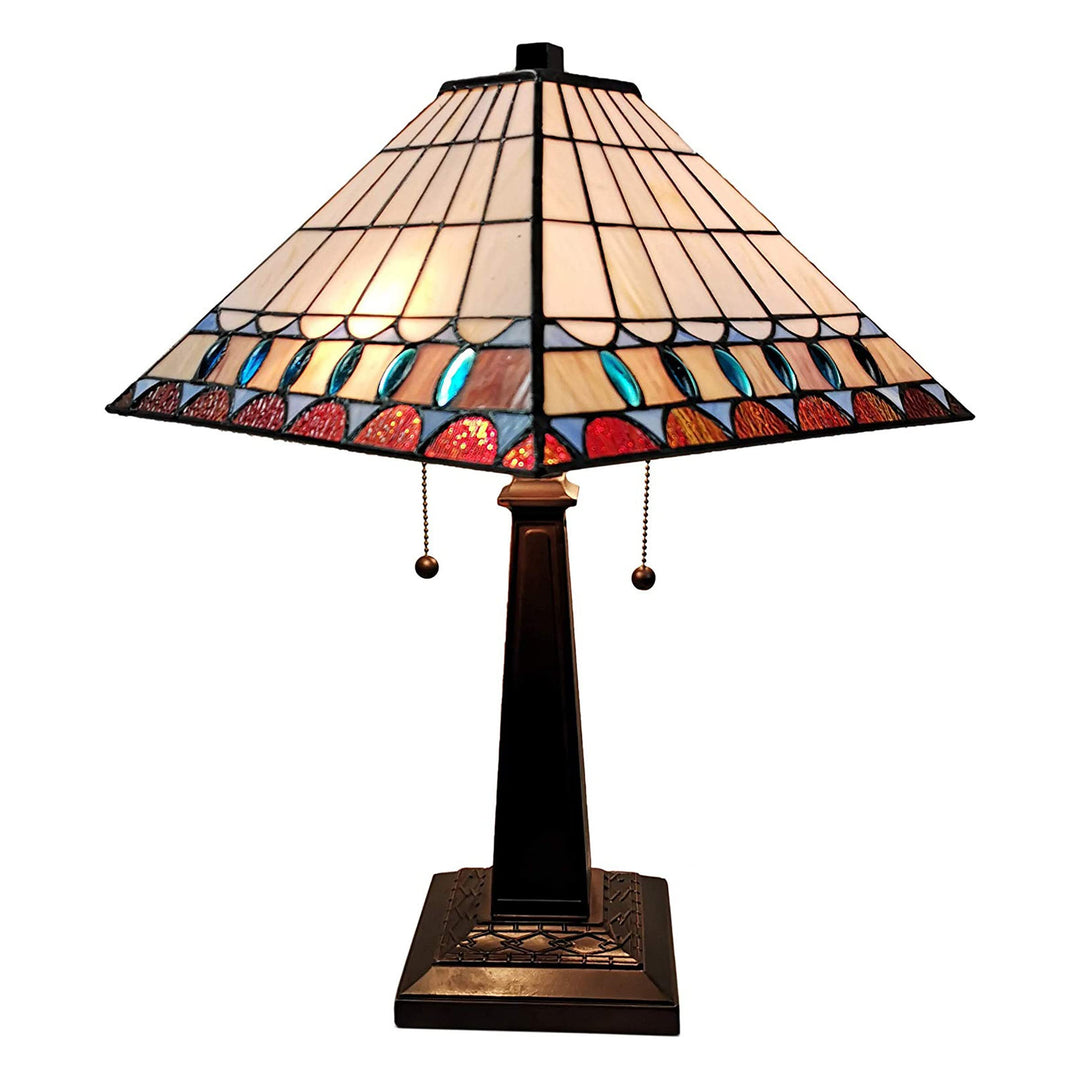 Amora Vintage Tiffany Table Lamp - Geometric Mission Style Table Night Light - Multi-color/White