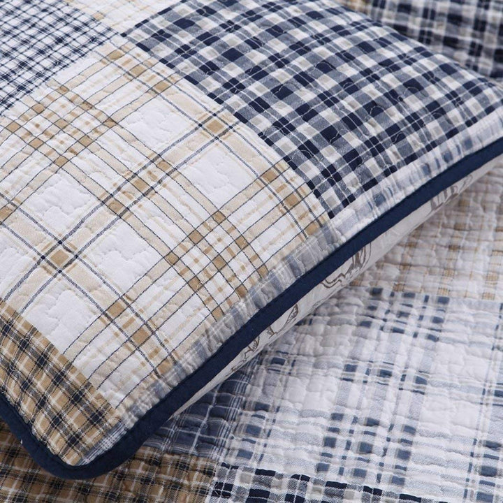 MI 2 Piece Blue White Plaid Kids Twin Quilt Set Cabin Lodge Stripe Theme Bedding