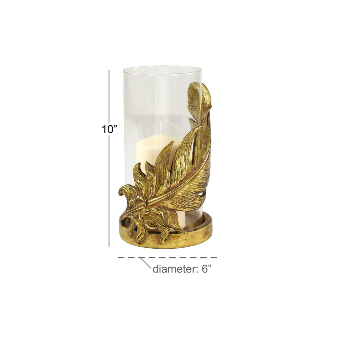 Large Metallic Gold Feather Candle Holder with Hurricane Glass 6" X 10" 6 10