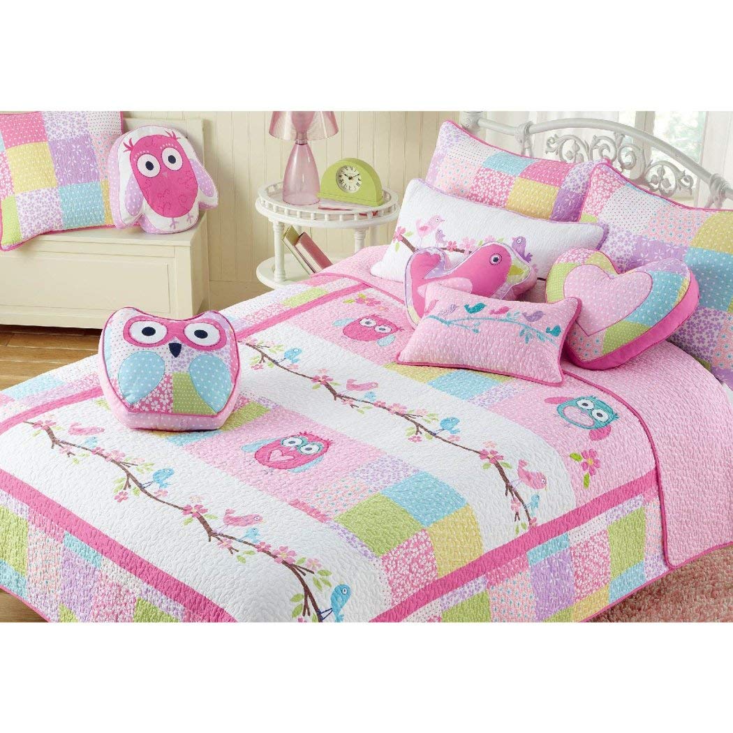 2 PC Twin Quilt & Sham Set Owl Birds Pink Turquoise Green Cotton Girl Bedding