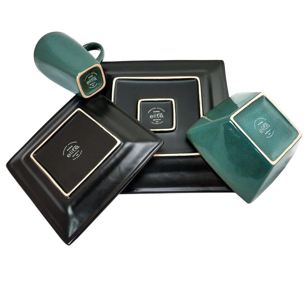 16 Piece Square Dinnerware Set In Dark Teal And Black Blue Solid Modern - Diamond Home USA