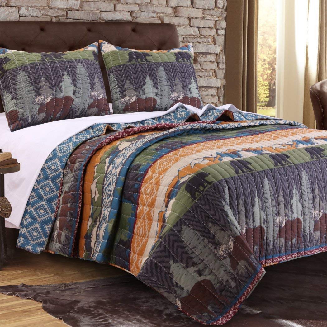 3 Piece autiful Blue Green Orange Grey King Quilt Set Rustic Cabin Wildlife King - 3 Piece