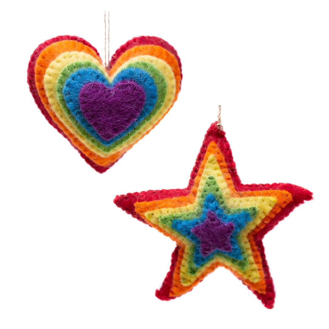 Rainbow Heart and Star Burst Handmade Felt Ornaments Set of 2 Red Wool