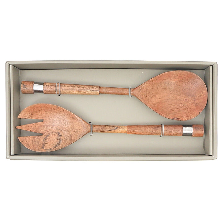 Natural Acacia Wood with Hammered Nickel 2 Pc Salad Server Set Brown Rectangle