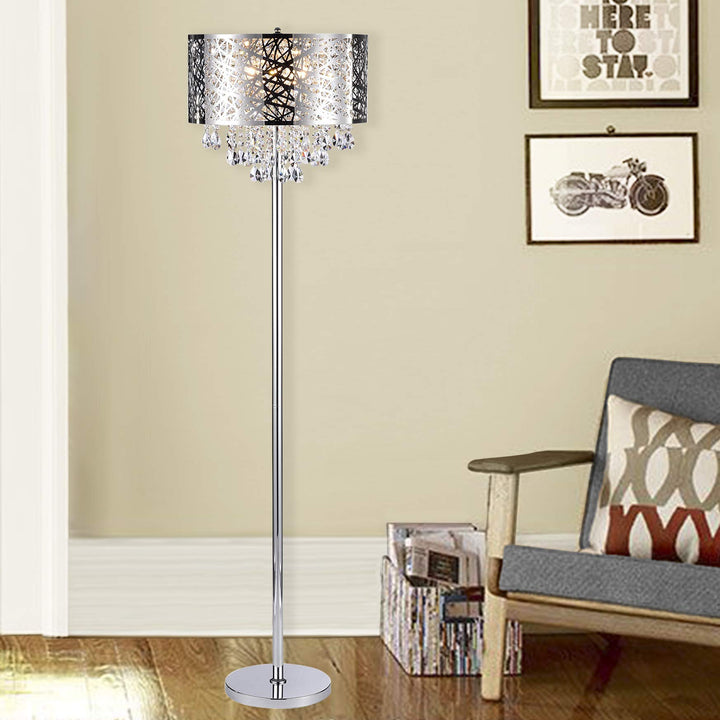 Warehouse of Tiffany FL7992 Ivica Chrome 3 Light Metal Crystal Floor Lamp Silver