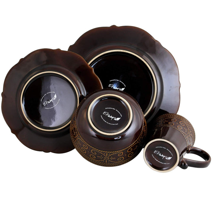 Rim 16 Piece Stoneware Dinnerware Set Brown Textured Casual Round Medium