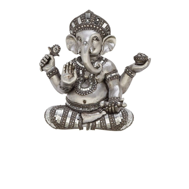 Silver Ganesha Shelf Statue Multi Color Bohemian Eclectic Acacia Brushed