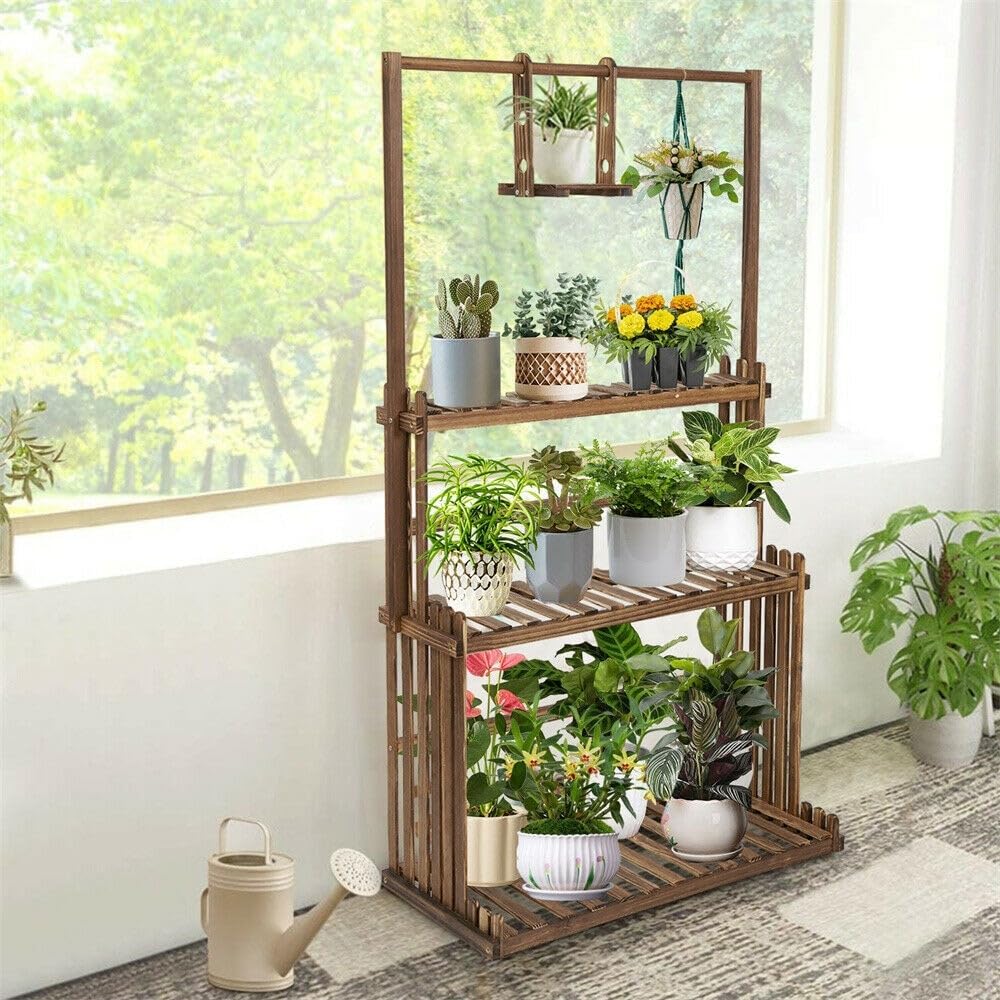 Wood 3 Tier Plant Ladder Shelf Hanging Stand Brown Vintage Rectangular