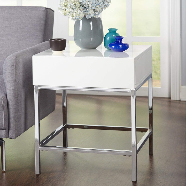 White Metal High-Gloss End Table Modern Contemporary quare MDF Glossy Drawers