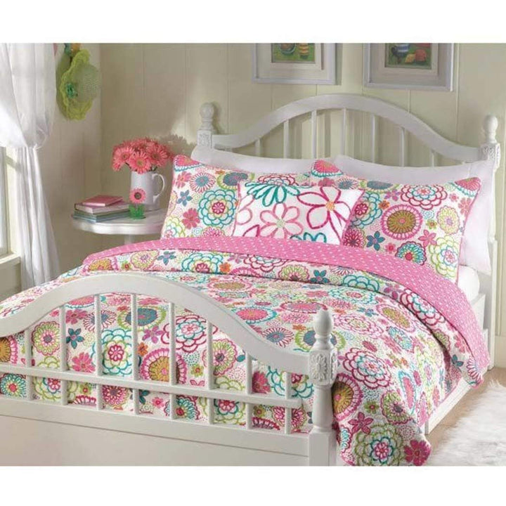 3 Piece Girls Pretty Blue Red Green Pink White Queen Quilt Set Floral Themed