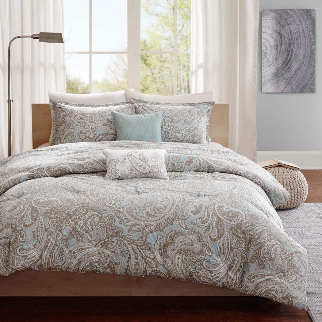 5 Piece Blue Khaki Paisley Floral Pattern Comforter King/Cal King Set Blue - King