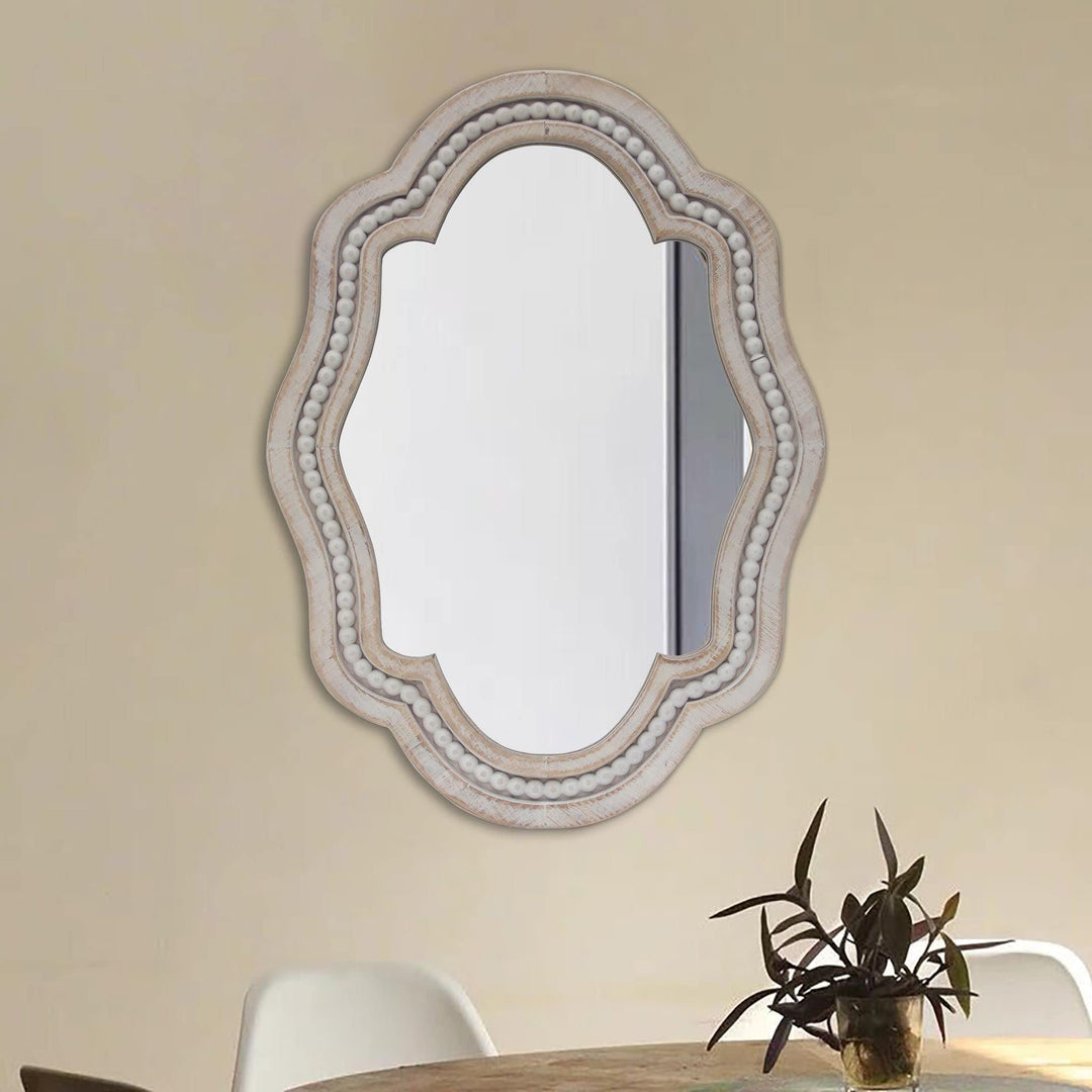 27" Tall Whitewash Wall Mirror with Beaded and Scalloped Edges White Handmade - Diamond Home USA