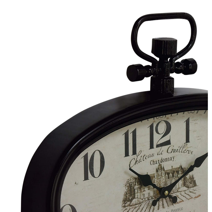 Black Iron Oval Wall Clock with White Face Rustic Wood Espresso Finish Numerical