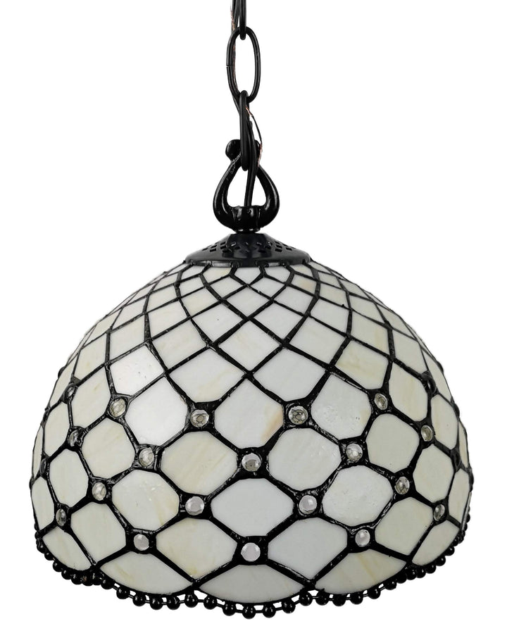 Tiffany Style Hanging Pendant Lamp Ceiling 12" Wide Stained Glass White Clear/White